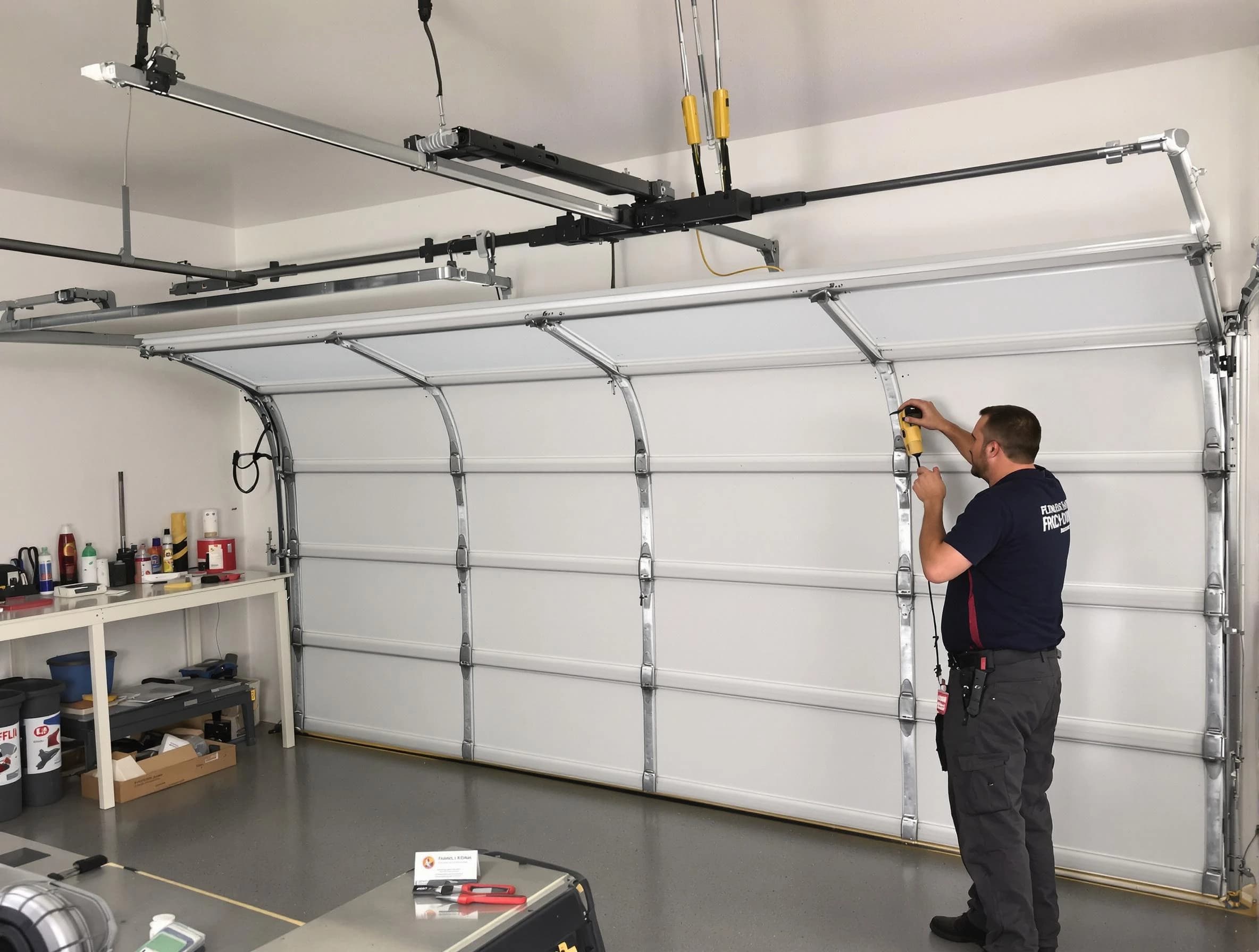 Los Lunas Garage Door Repair certified technician performing overhead door system repair in Los Lunas