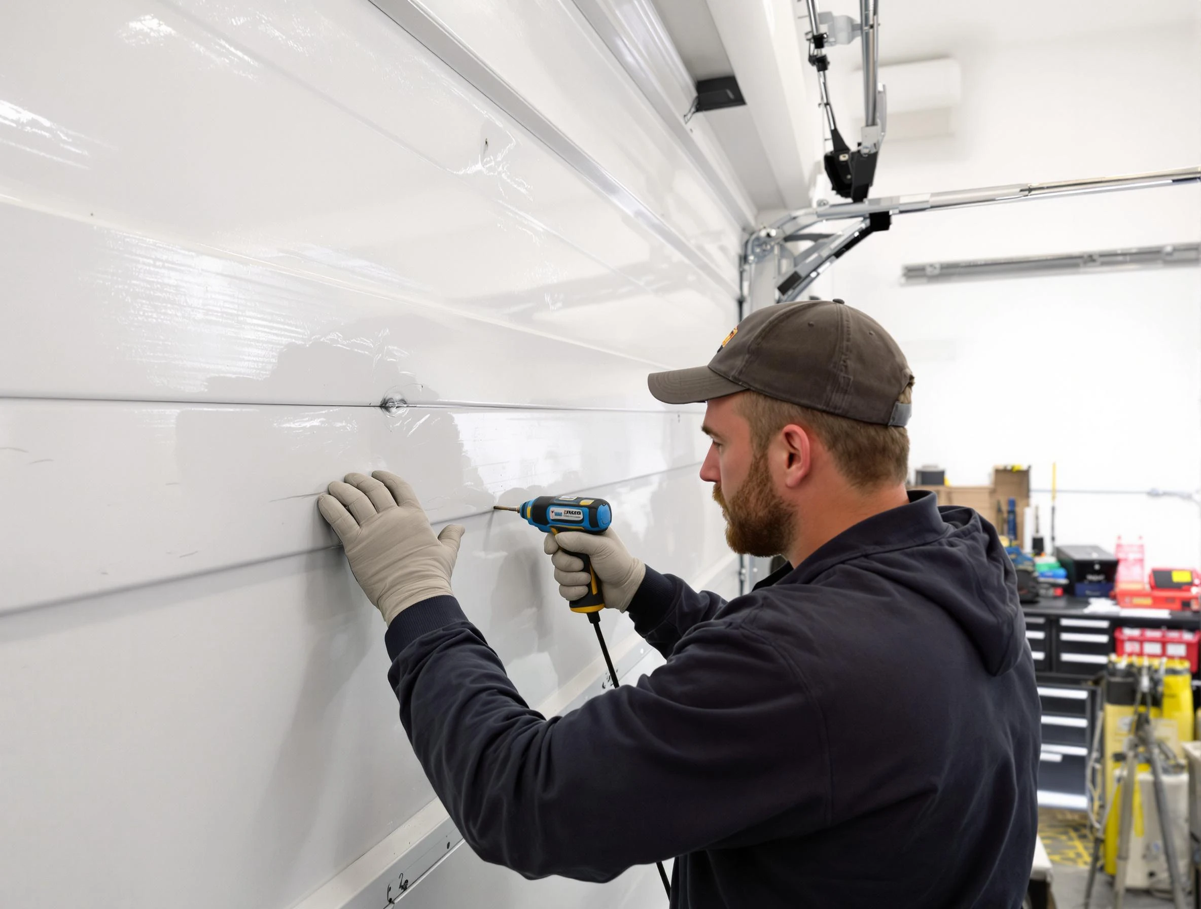 Los Lunas Garage Door Repair technician demonstrating precision dent removal techniques on a Los Lunas garage door